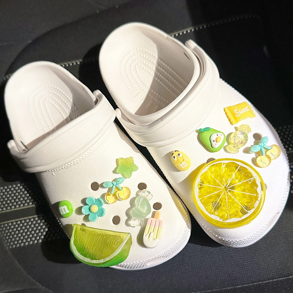 13pcs Whole Set DIY 3D Fruit Crystal Cyan Lemon Hole Shoe Charms Designer Quality Garden Shoe Decoration Accessories Girl Gift image 6