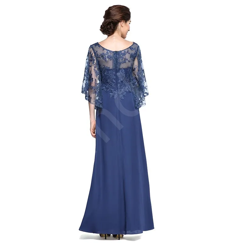 Navy Blue Long Sleeve Floor-Length Dress with Lace Overlay Elegant Mother of the Bride or Groom Gown Weddings and Formal Events