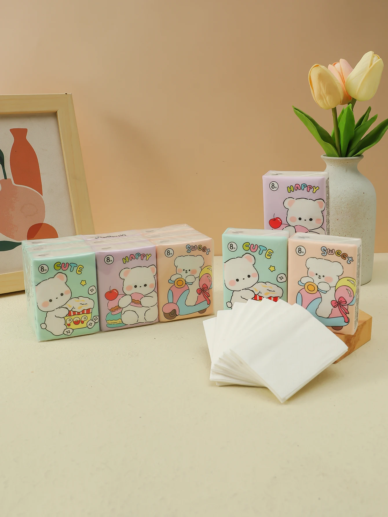 9 unids/pack Good Time Design coloridos dibujos animados originales pulpa de madera toallas de papel de bolsillo para uso de limpieza diaria