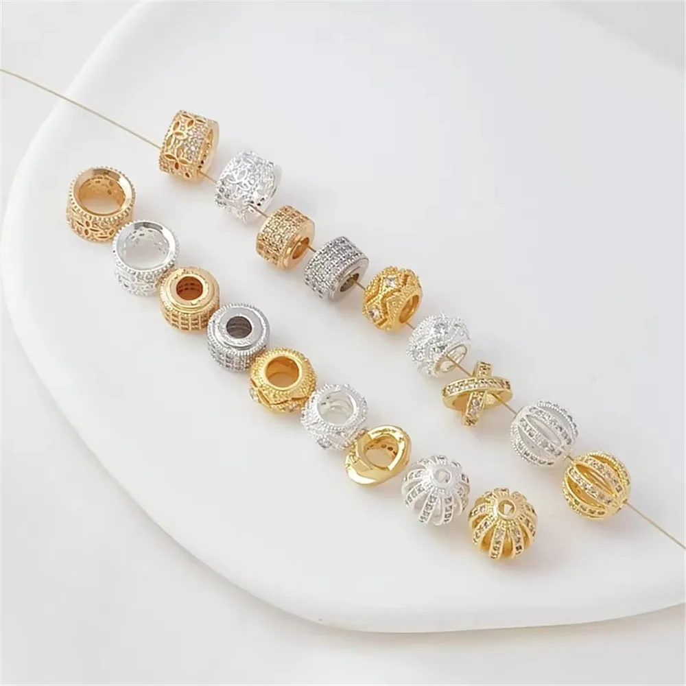 14K Gold-plated Micro-inlaid Zircon Hollow Ball Wheel Spacer Bead Large Hole Ring Handmade DIY Bracelet Loose Bead Accessory