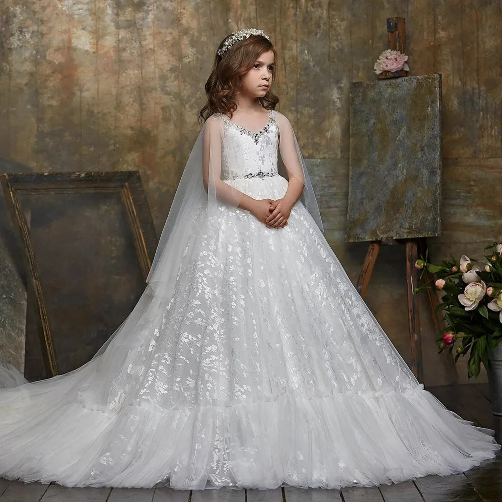 Customized Ivory White Tulle Lace Girls First Communion Dress With Cape V Neck Gown Sleeveless Beaded Waisted Ball Flower Girl D