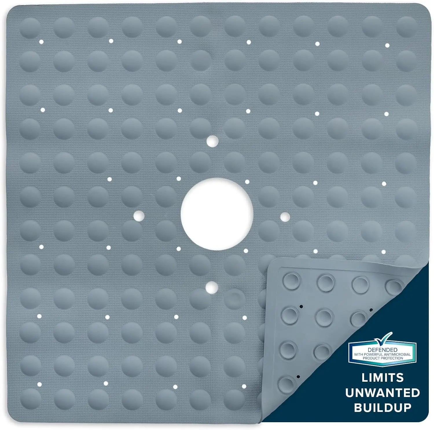

21" x 21" Non-Slip Natural Rubber Shower Mat with 140 Suction Cups, Center Drain Hole, Gray