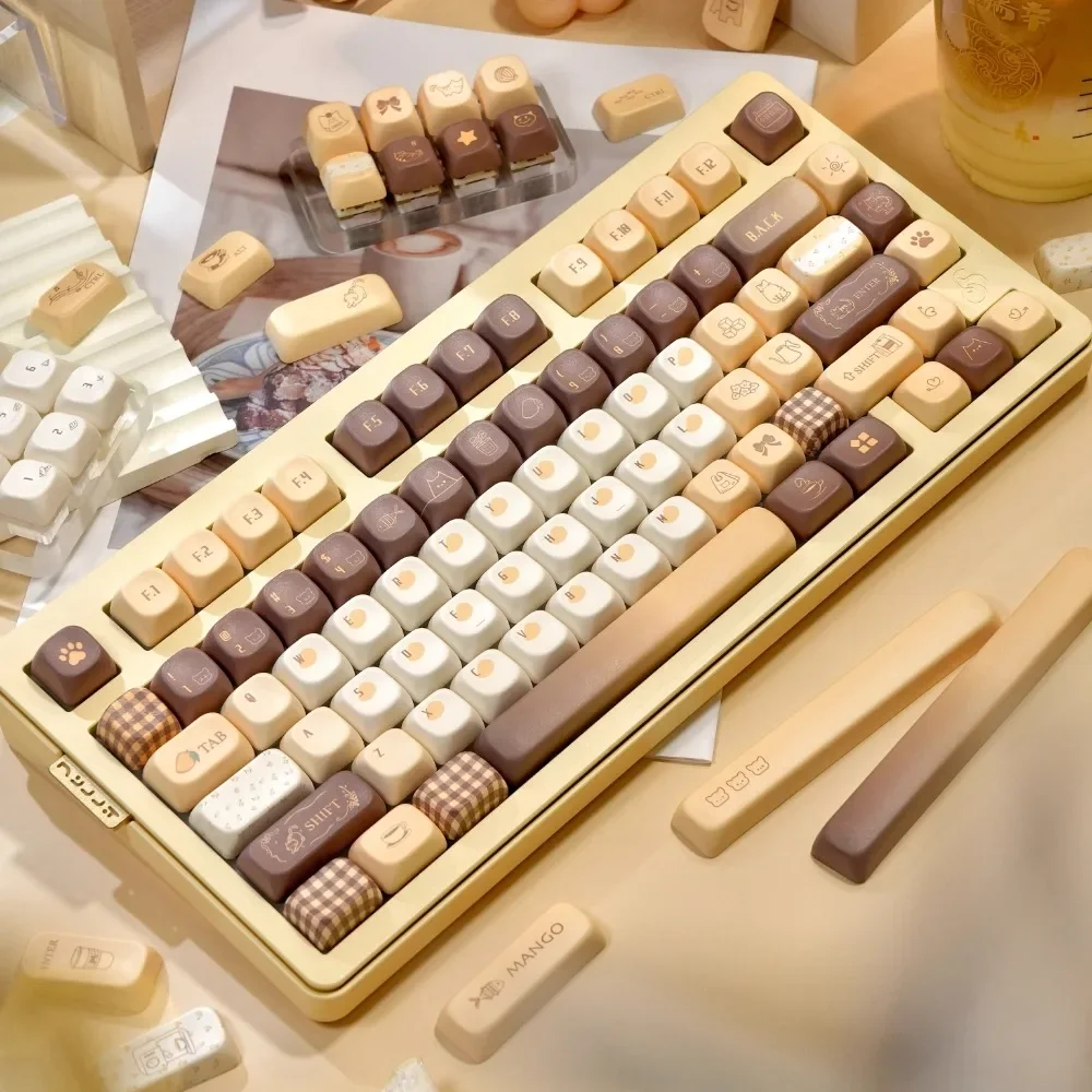 マンゴーラテテーマキーキャップセット 145 キー PBT カスタムかわいい黄色キーボードキャップチェリー/FOA プロファイルゲーミングキーキャップメカニカルキーボード用