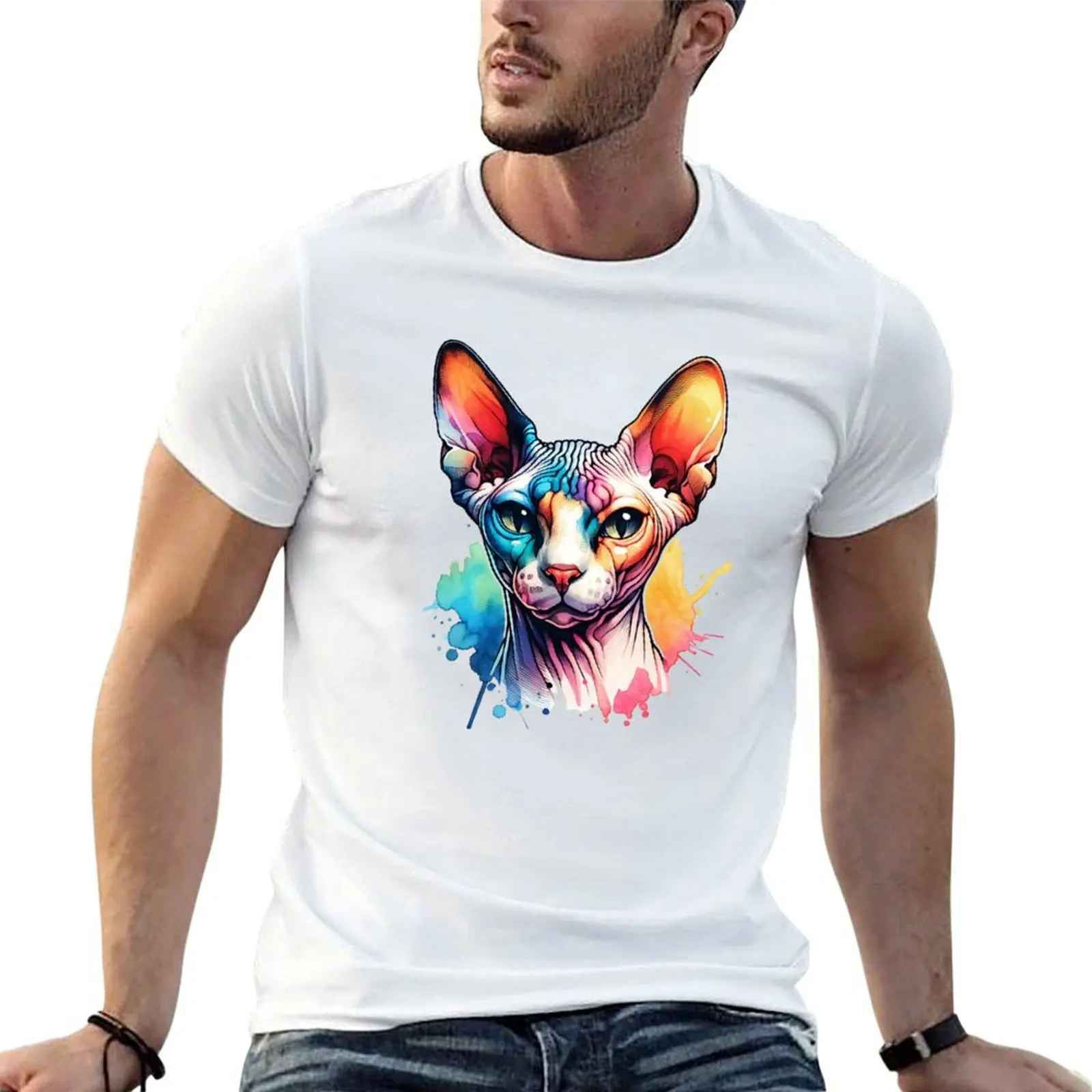 Watercolor Sphynx Cat Face T-Shirt plain topping mens t shirts top quality
