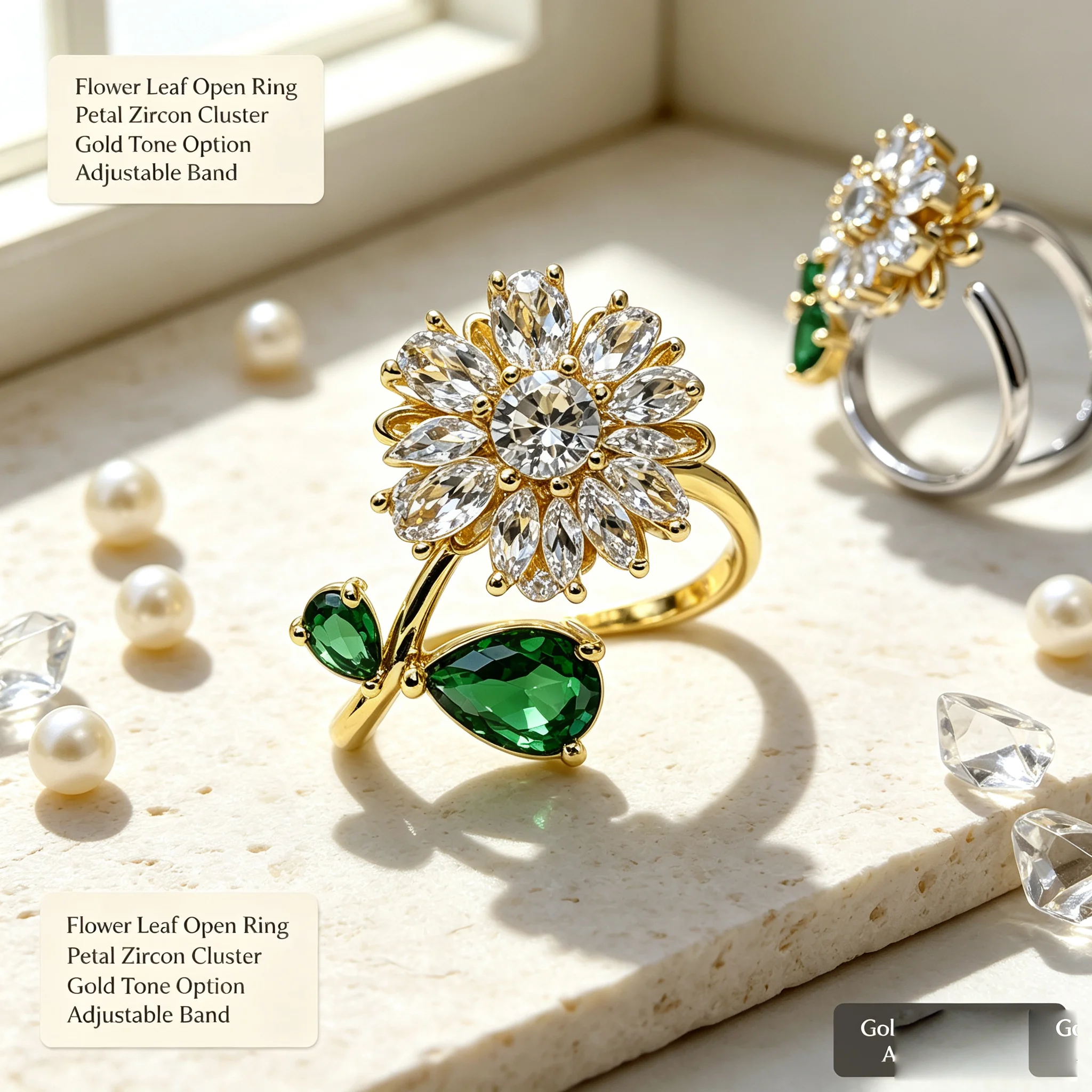 Dainty Flower Emerald Adjustable Open Ring Office Daily Outfit Jewelry Wedding Anniversary Presents For Ladies Valentine's Day