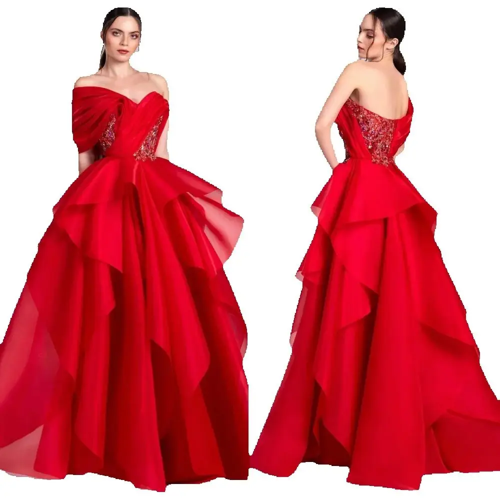 

Customized Sizes Available Organza Sequined Pleat A-line Off-the-shoulder Long Dresses Bespoke Occasion Fashion