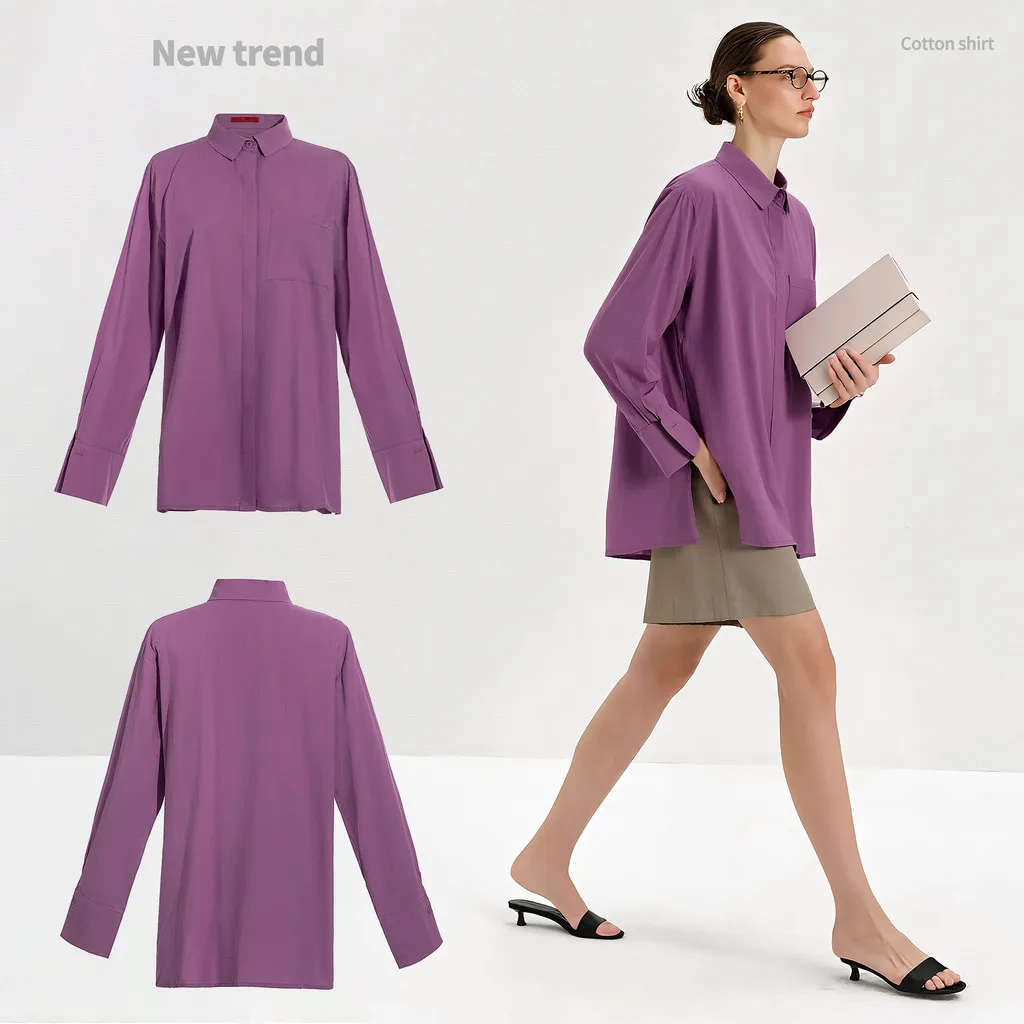 Top da donna 2025 Autunno Viola Top a maniche lunghe in puro cotone Comodo top semplice per pendolari