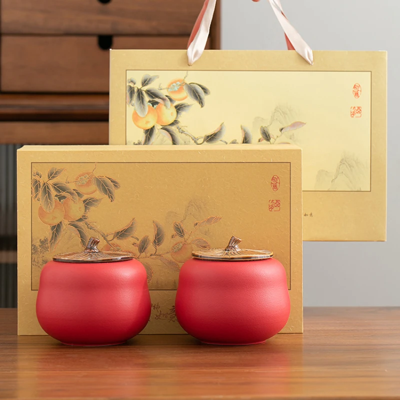 

Tea Pot Ceramic Orange Persimmon Shape High-End Packaging Gift Box Storage Red and White Pu'er NewChinese Home Decoration Medium