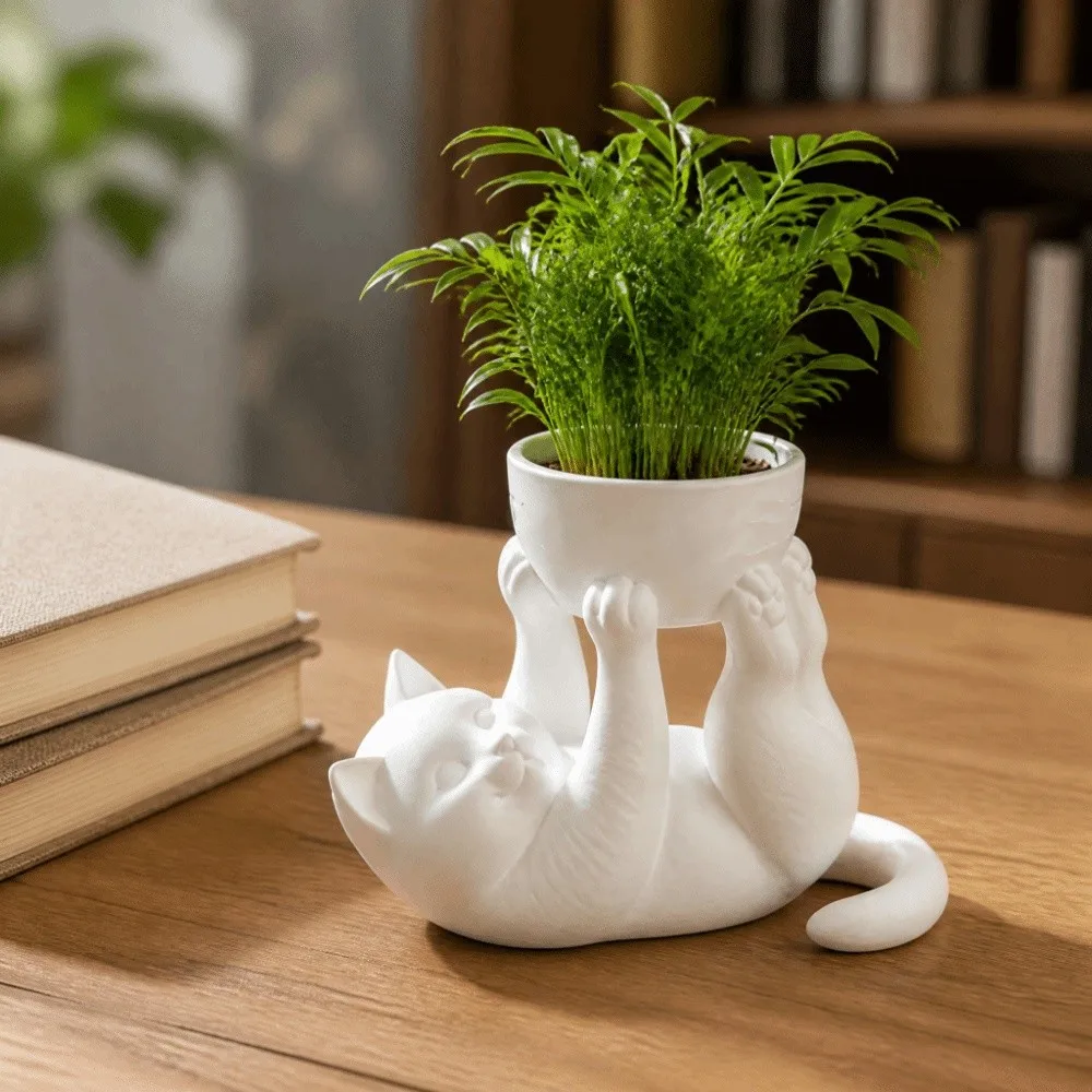 Unique 3D Printed Reclining Cat Planter Plastic Irregular Shape Cat Plant Pot Creative Lightweight Kitten Planter Office