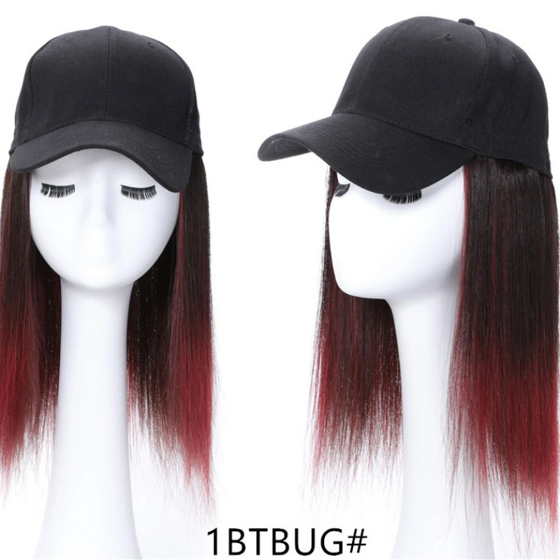 Medium-length Straight Hair Wig Heat-resistant Fiber Fashionable Baseball Cap Wig Natural Black and Red Gradient All-in-one