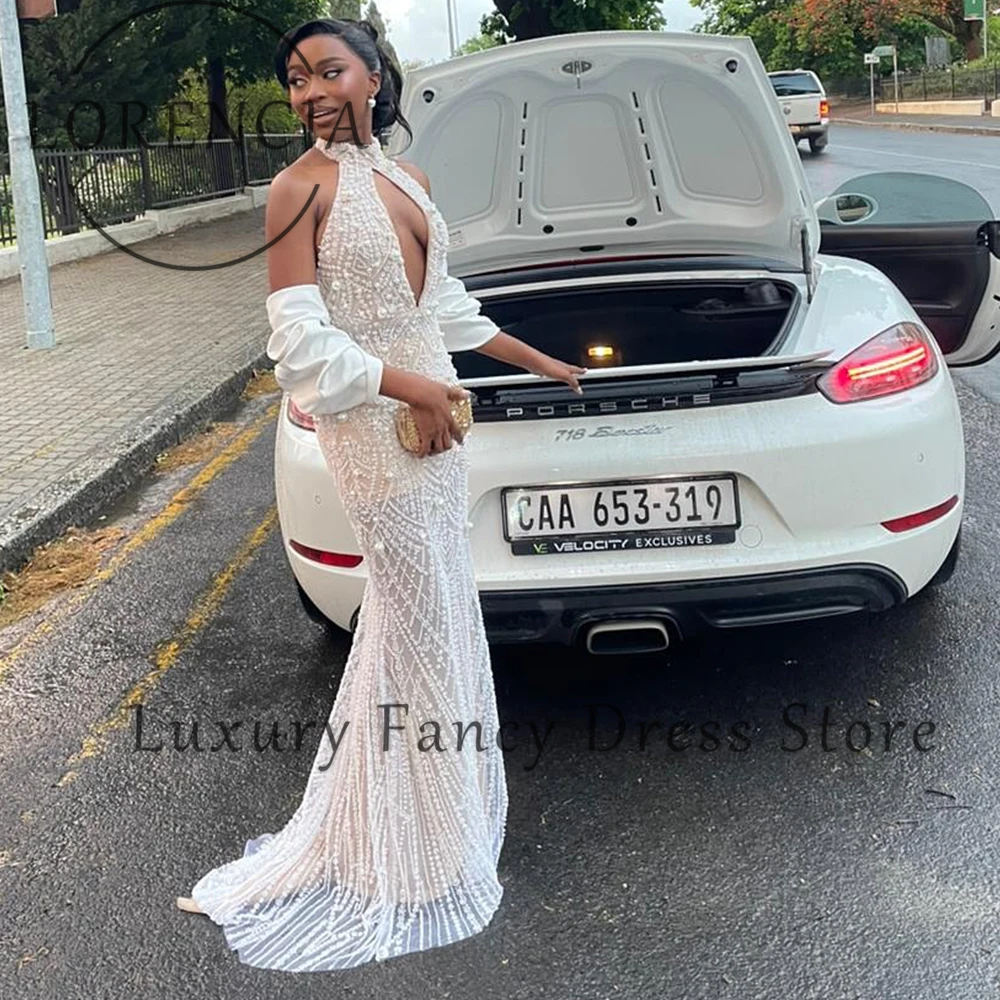 Eleganckie sukienki na studniówkę z perłami 2025, błyszczące zdobienia, krój syreny, halter, suknia bankietowa, ślubna, na przyjęcie, szyta na miarę, bez rękawów, robe d'été femme