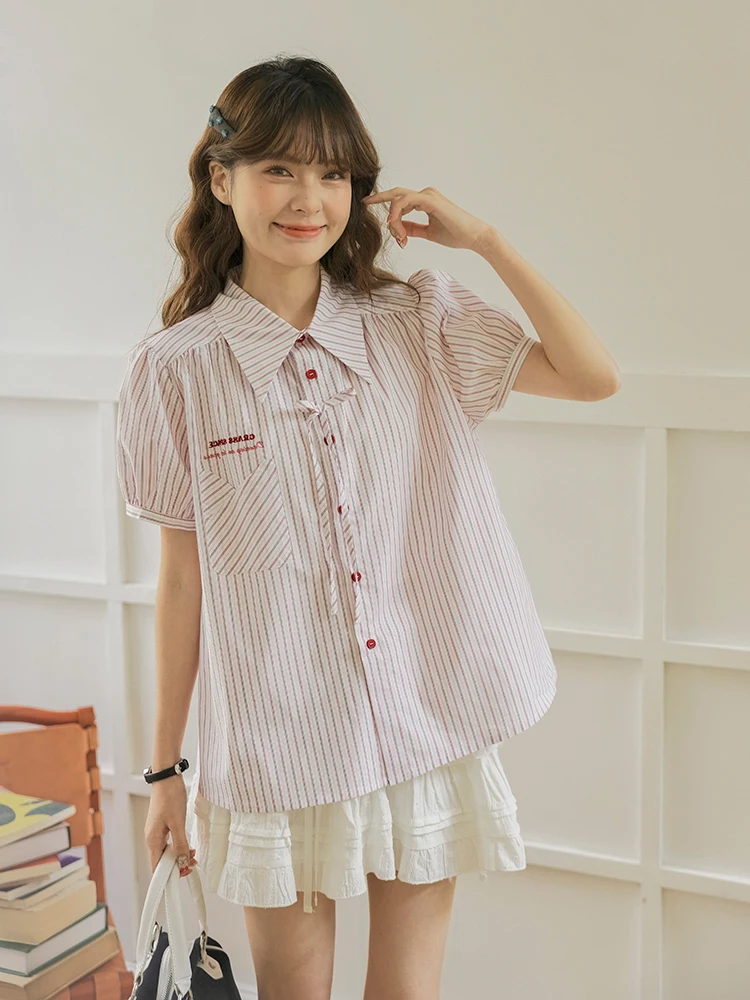 

Pink Striped Knot Short Sleeve Women's Casual Shirt Summer New Style College Style Small Capitalism Chiffon Top