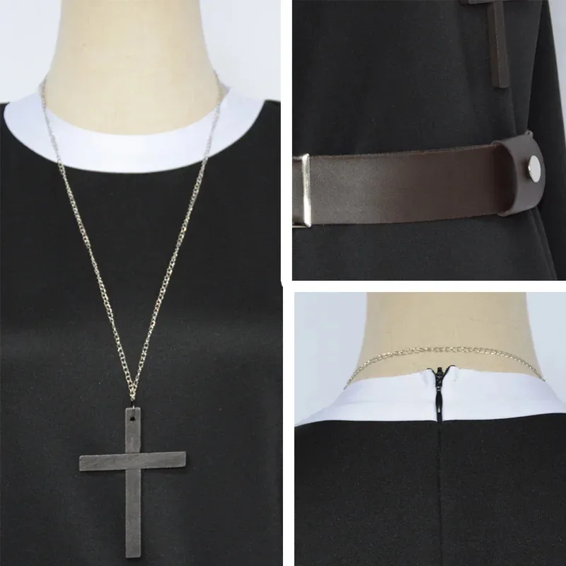 Halloween cosplay costume movie conjuning 2 nun costume, deadnun cosplay women black dress cross necklace belt party suits