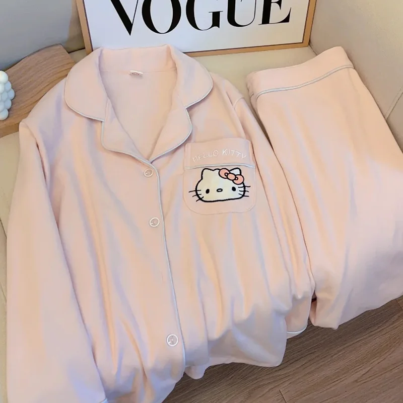 

Sanrio, Hello Kitty Коралловая флисовая Пижама, зимние брюки с длинным рукавом, комплект из двух предметов, свободная женская пижама, шелковая женская пижама