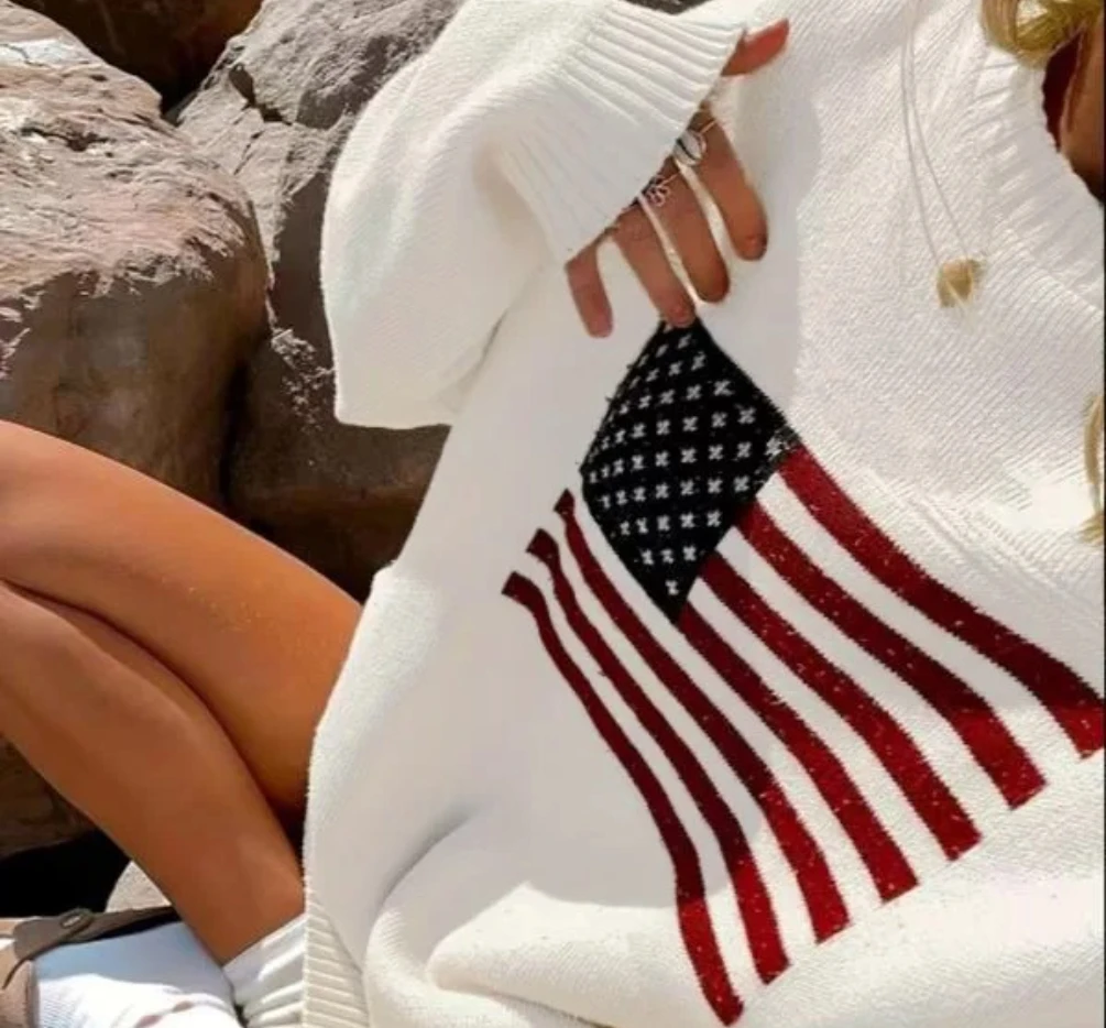 الخريف الشتاء الدافئة محبوك القمم المرأة سترة لاعبا الأبيض لينة العلم نمط عادية فضفاض كم طويل البلوز البلوزات #3