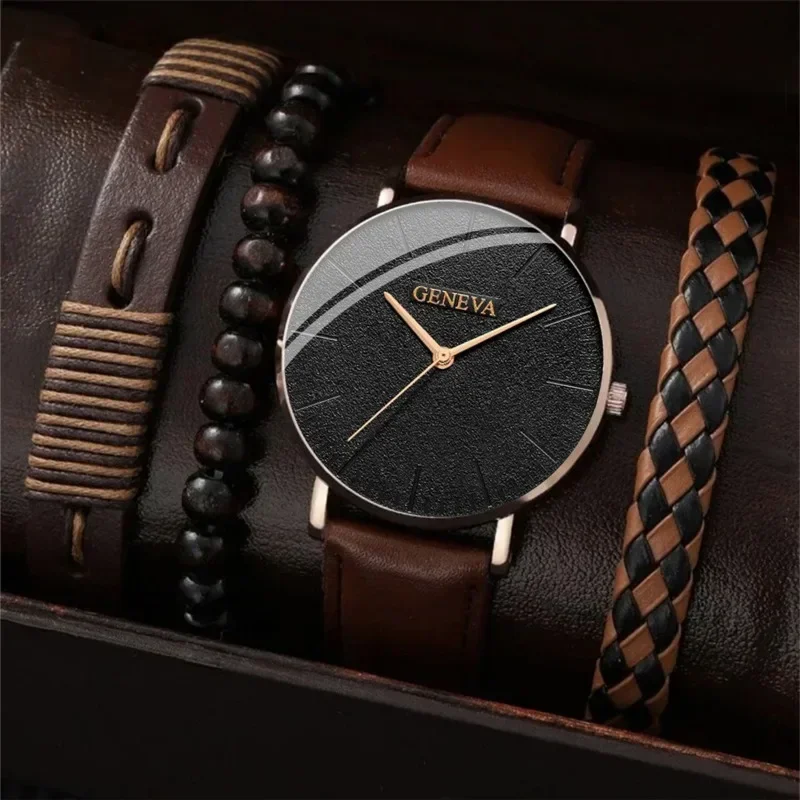 4Pcs/set Fashion Casual Men Sports Style Trend Quartz Wristwatch and Bead Bracelet Set Gift for Men Boyfriends Relogio Masculino