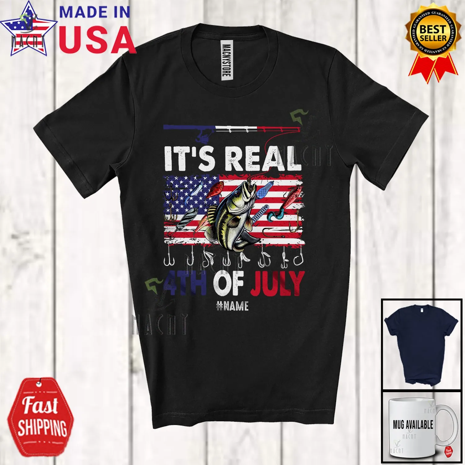 إنه حقيقي الرابع من يوليو؛ أدوات الصيد ذات الاسم المخصص؛ تي شيرت وطني بعلم الولايات المتحدة