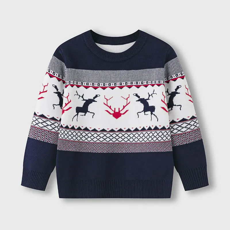 Kids Cute Christmas Elk Jacquard Warm Knitted Pullover Sweater Vintage Knitwear Baby Boys Girls Autumn Winter Xmas Sweaters