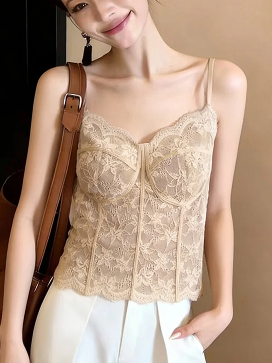 Spicy Lace Strap Vest Women's Outerwear with Chest Pad Beautiful Back Bra Integrated Base Layer Fishbone Chest Clothes Top