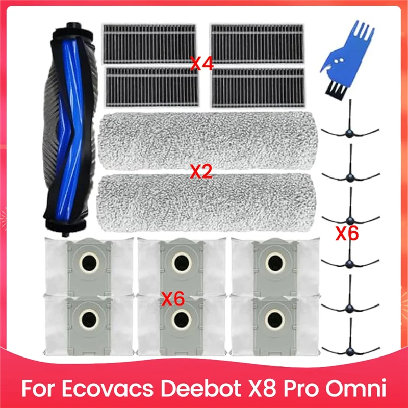 لمكنسة Ecovacs Deebot X8 Pro Omni Robot، 1 فرشاة رئيسية، 2 وسادة ممسحة دوارة، 4 مرشحات HEPA، 6 أكياس غبار، 6 فرش جانبية