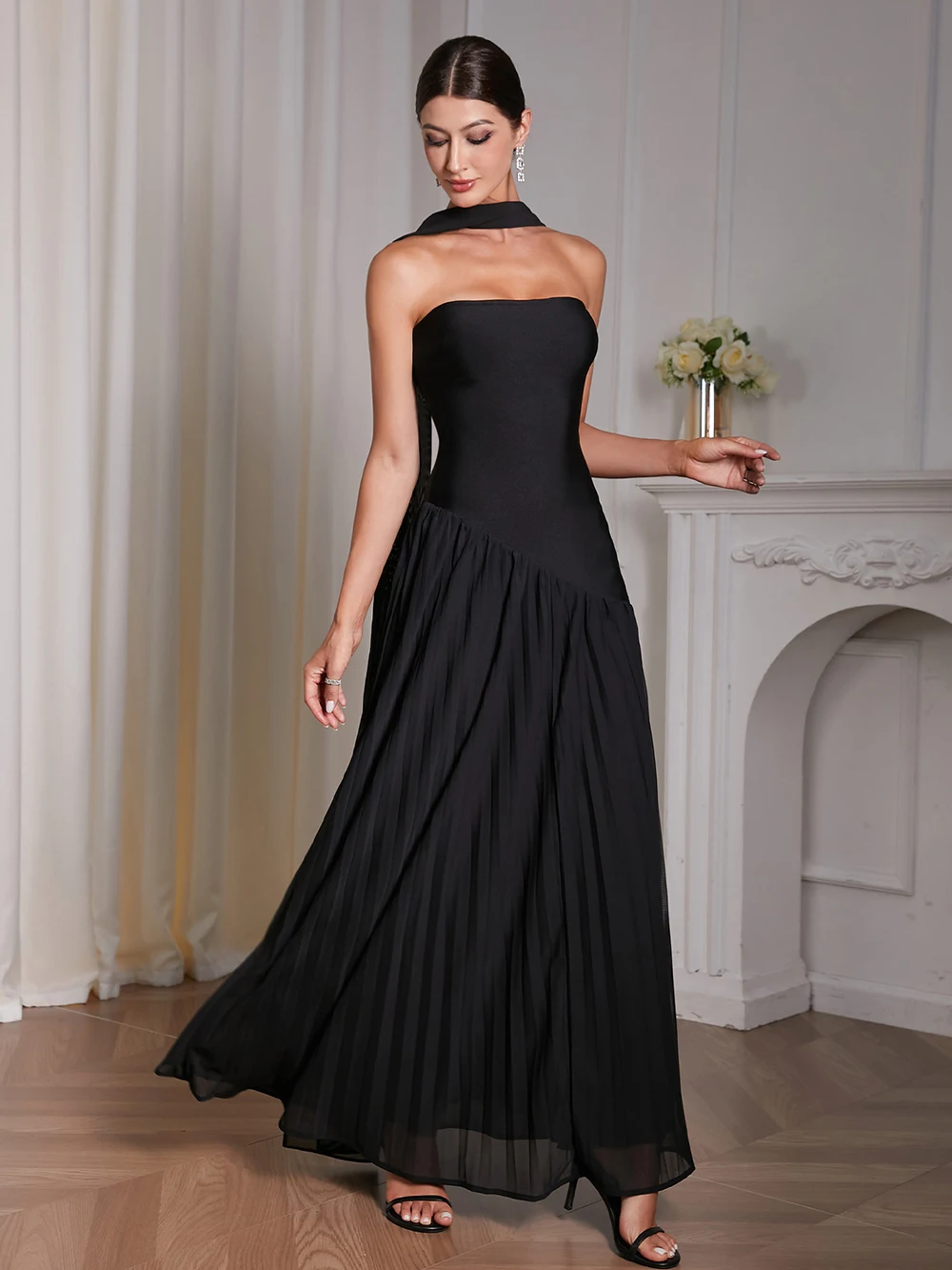 

Европейское и американское женское сексуальное вечернее платье с бретелями без бретелек, сетчатая плиссированная лоскутная элегантная бандажная юбка