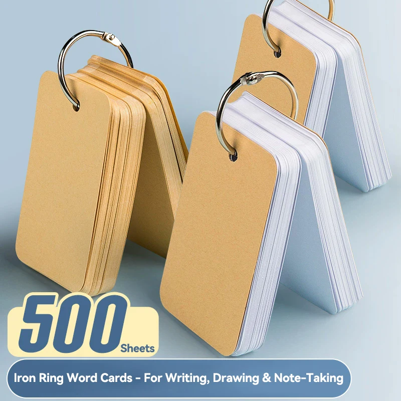 100/500 Sheets Flash Cards Kraft Paper Blank Flashcards Index Cards with Ring Set Study Note Memo Pad Notecards School Supplies