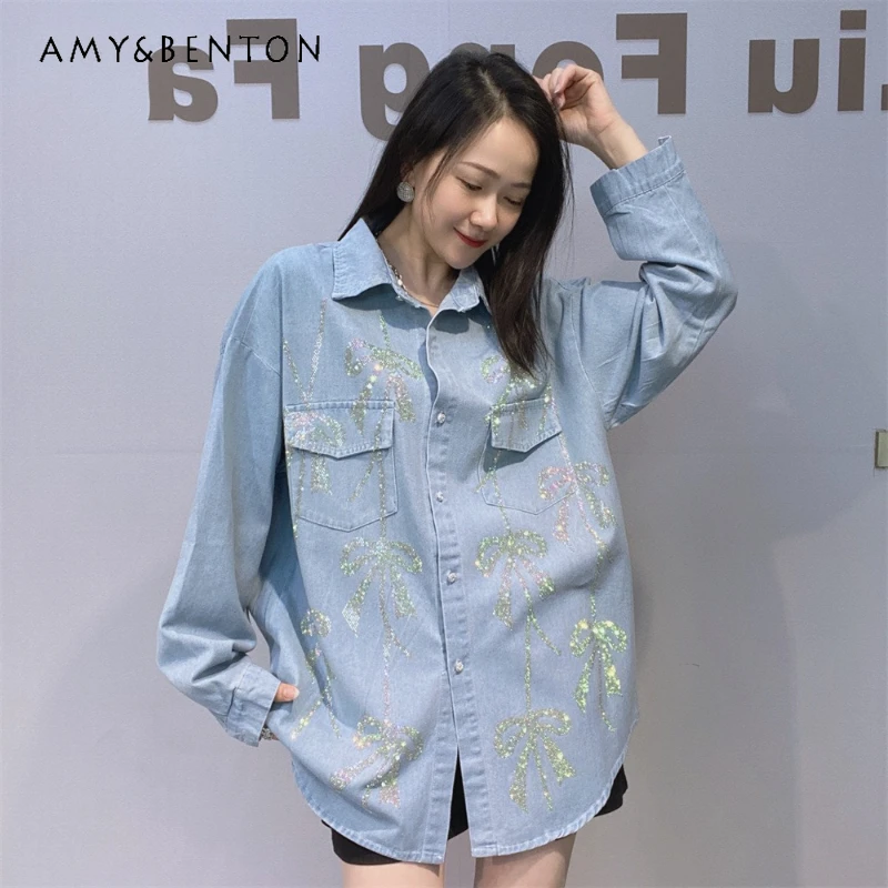 

Женская джинсовая рубашка с длинными рукавами, весна-осень, новинка, с бриллиантовыми стразами, свободная блузка оверсайз, модная, с бантом, тонкая верхняя одежда