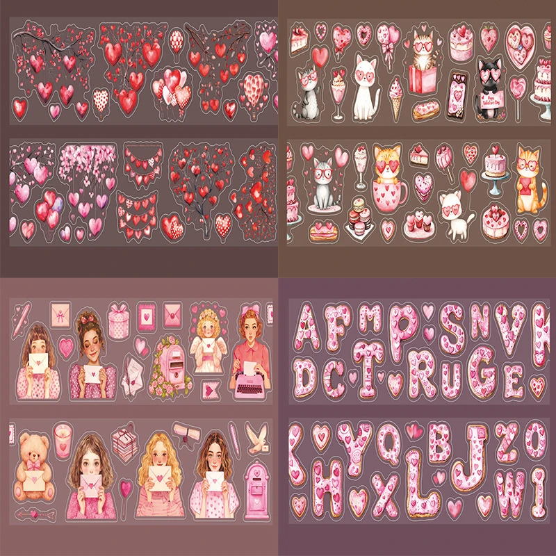 4 لفات - شريط قطع قوالب PET للممر الرومانسي، حيوانات، قلوب، إلخ، يستخدم في سجل القصاصات اليدوية، ومواد المحاسبة