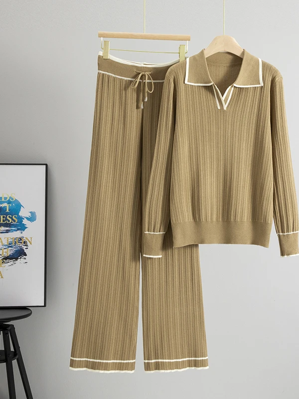 韓国レトロファッションカラーブロックカラーショートスリーブニットトップハイウエストスリムカジュアルワイドレッグパンツツーピースセット
