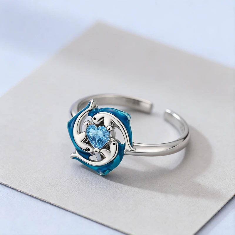 Dolphin 925 Sterling Silver Ring For Women Rotatable Open Ring Fit Jewelry DIY Party Gift