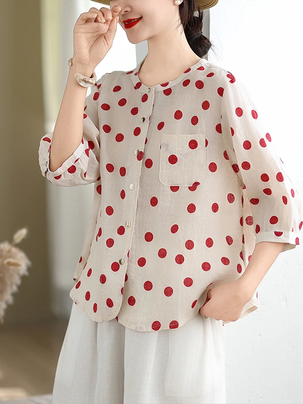 Décontracté ample lin irt femmes été nouveau Sle ort Sve à pois ouvert Cardigan Faion artistique couleur Blo Blouse