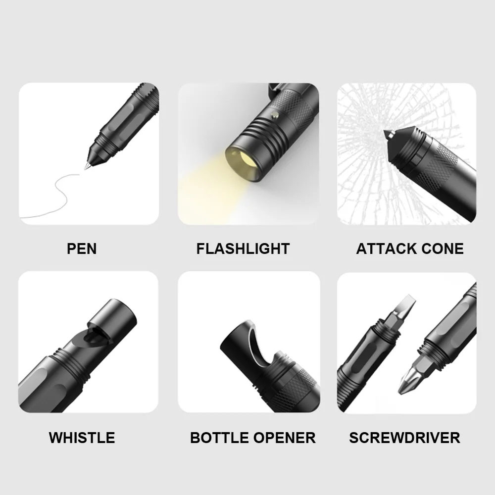 Segurança Proteção Tactical Pen com lanterna LED, Self Defense Survival Glass Breaker, Emergency Whistle, Screwdriver Tool