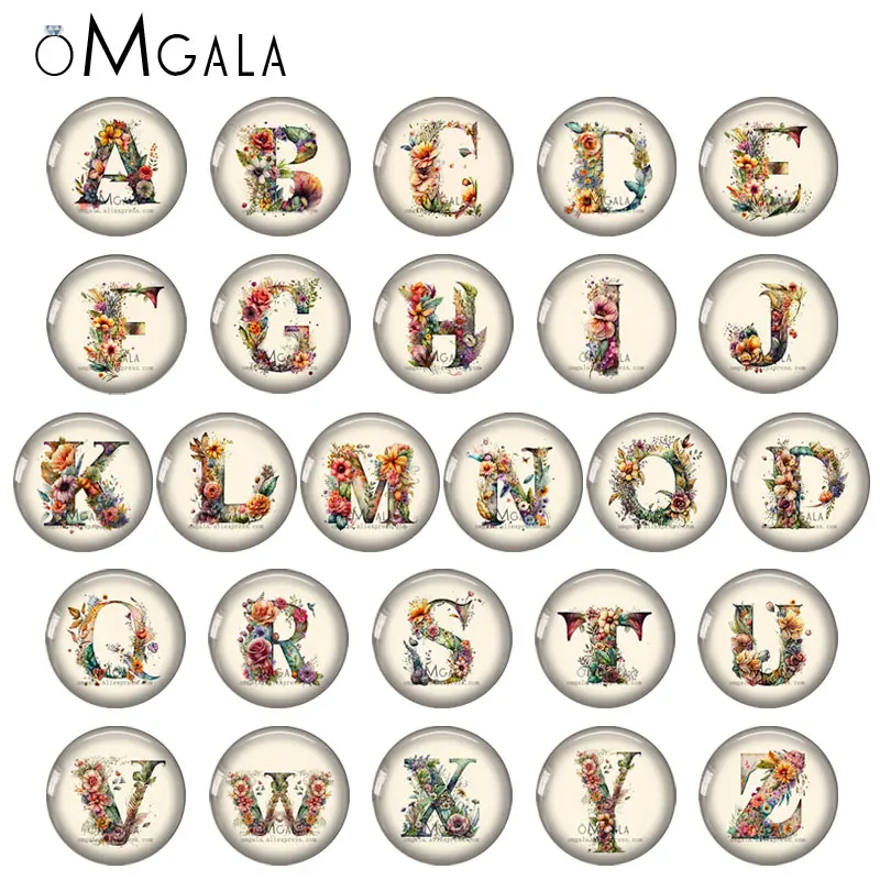 

A TO Z 26 Letters Print 10-40mm Floral with Art Font Round photo glass cabochon demo flat back Making findings