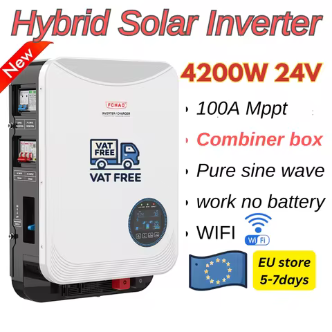 Fchao 4.2KW 24V Off-Grid Hybrid Solar Inverter, Pure Sine Wave 100A MPPT, Breaker Combiner Box, Battery-Free Operation