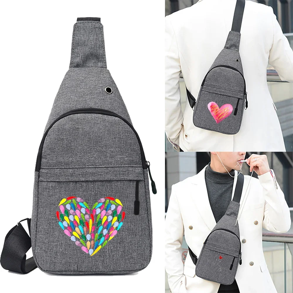 Men Chest Bag School Summer Short Trip Messengers Bag Handbag PrintLove Pattern Series Shoulder Bags USB Charging