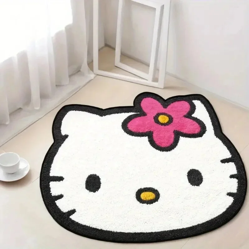 Y2K Hello Kitty Big Head Irregular Faux Cashmere Floor Mat Pink Flower Cute Non‑Slip Household Rug