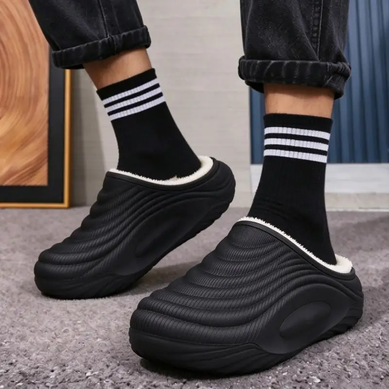 Thick Bottom Waterproof Indoor Slippers Man Winter Short Fleece Lined EVA Slippers Men's Anti Slip Soft Sole Plus Size 45 Slides