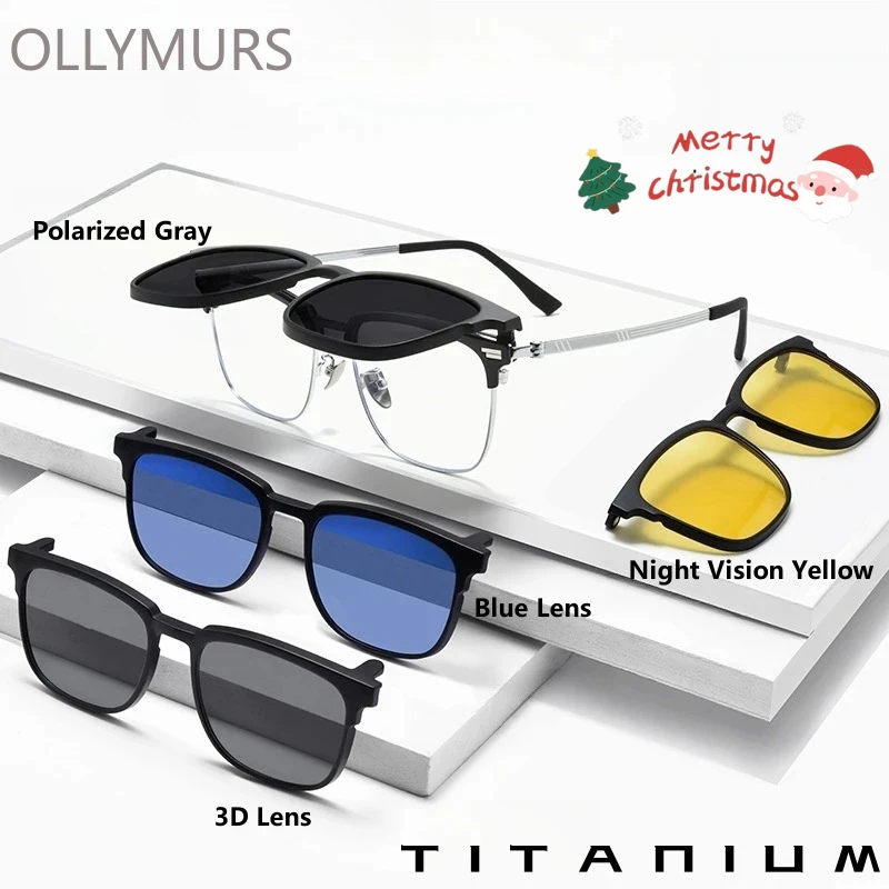 OLLYMURS الاستقطاب المغناطيسي كليب على نظارات الرجال ريترو التيتانيوم خفيفة للغاية نظارات المضادة للأشعة فوق البنفسجية ثلاثية الأبعاد فيلم النظارات الإطار 9688ZM