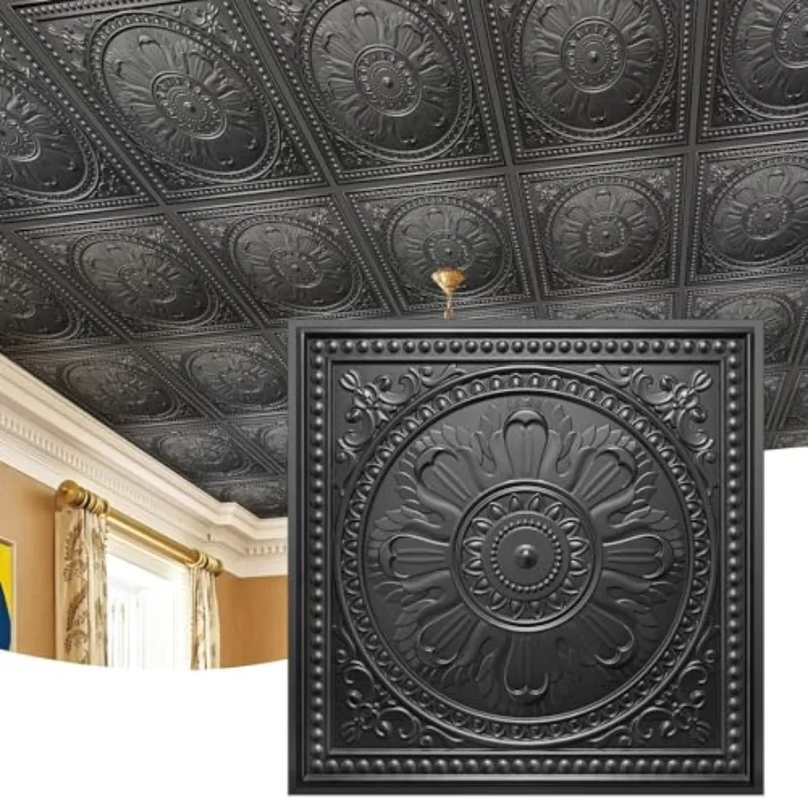 

Drop Ceiling Tiles 24"x24" PVC Panels Plastic Ceiling Tiles Waterproof Reusable Covers 48 Sq.Ft. Baroque Decorative Tiles for H
