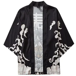 Handsome tiger print Japanese men's cardigan kimono daily casual men's three-quarter sleeve top without button loose