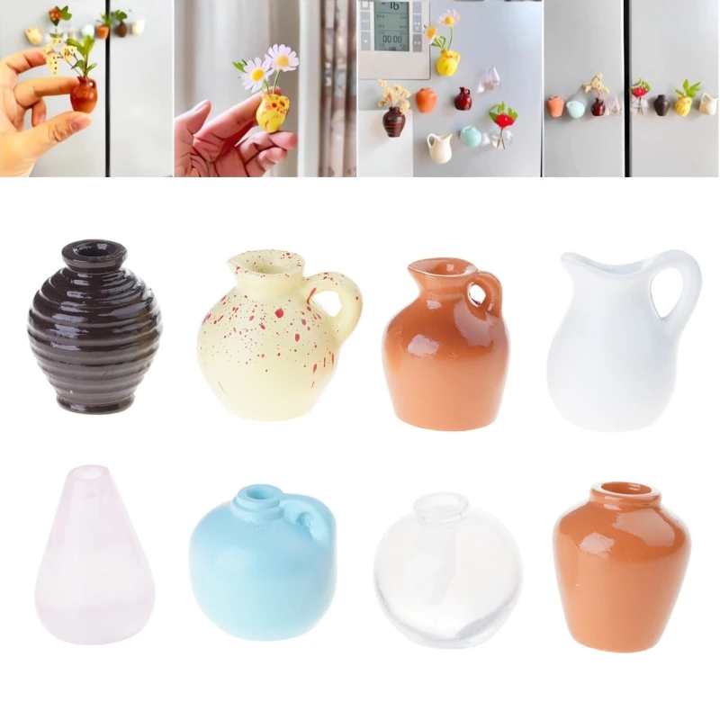 8Pcs (No Plant) Mini Ceramics Vases Magnets Strong Magnetic Hold Buds Vases Magnets for Fridge Decoration and Office Use
