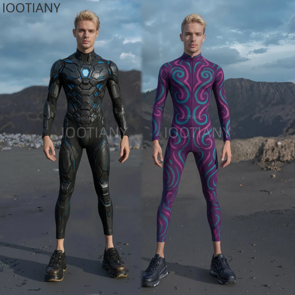 

IOOTIANY Men's Sexy Technology Swirl Black Purple Cyberpunk Armor Robot Jumpsuit Carnival Carnival Party Cosplay Costume Tights
