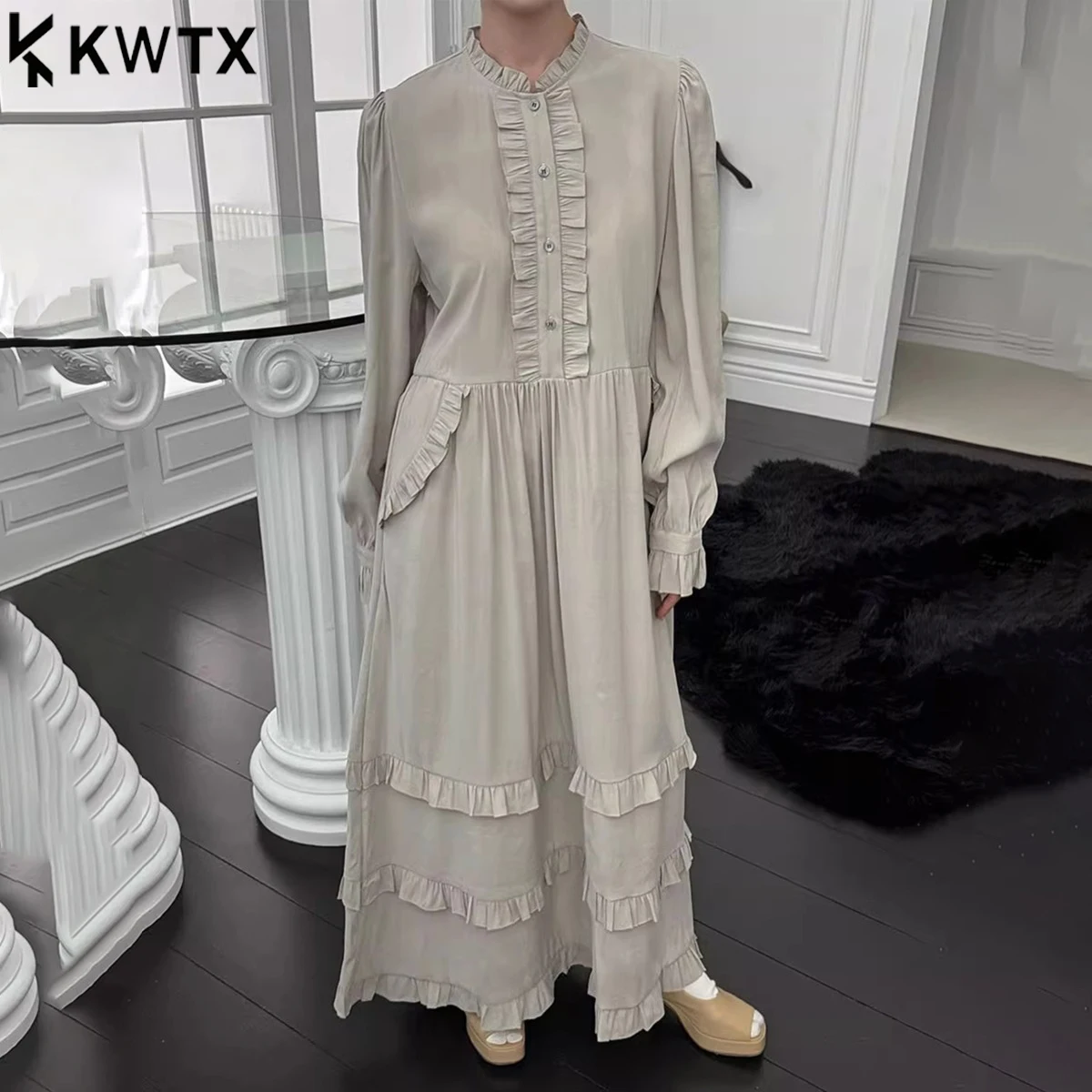 KWTX 2025 Vestido maxi feminino elegante em camadas com gola alta e babados em camadas vintage chique luxo cor sólida outono casual