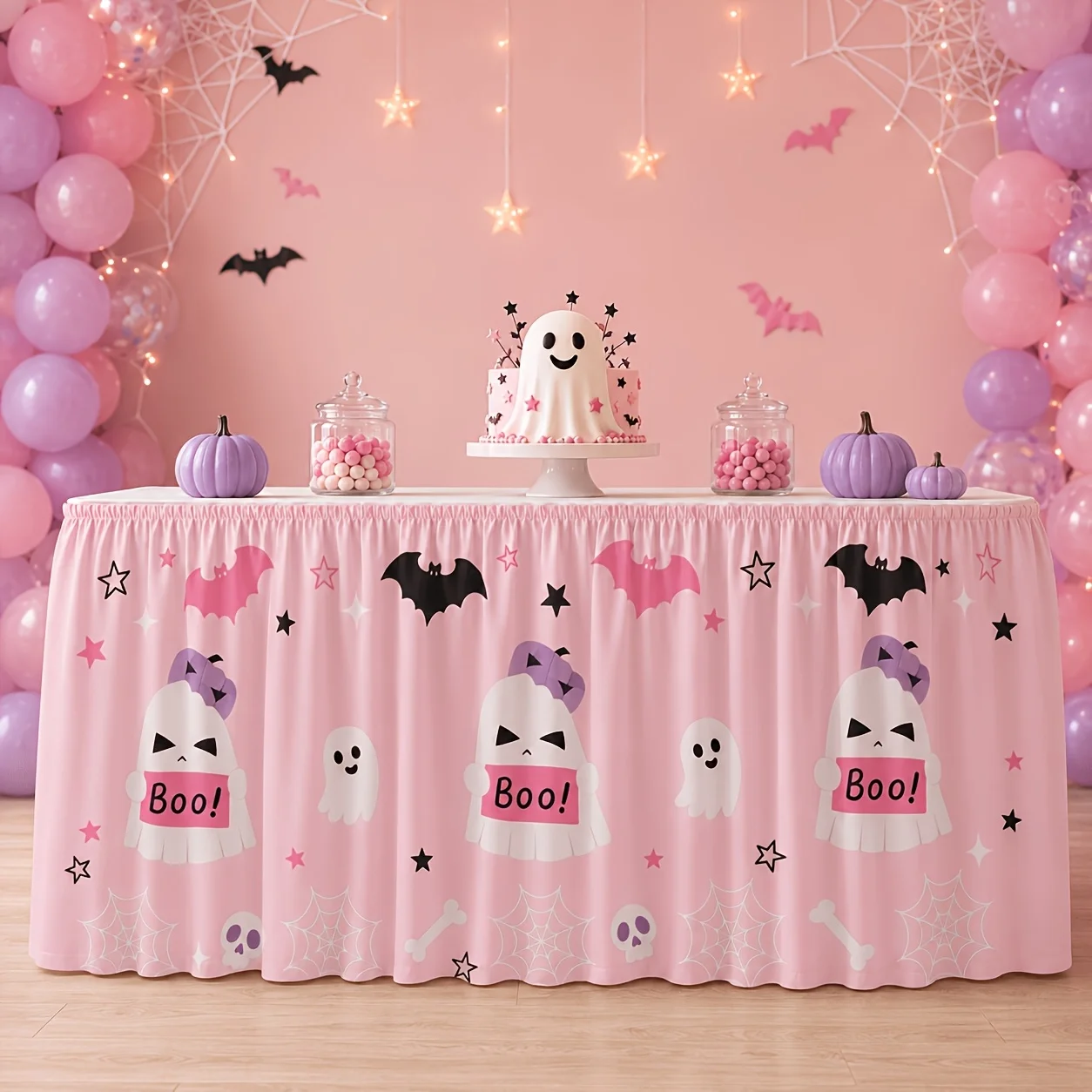 Halloween vintage horror tablecloth, pink nostalgic bat pumpkin cat print tablecloth, witch themexzj