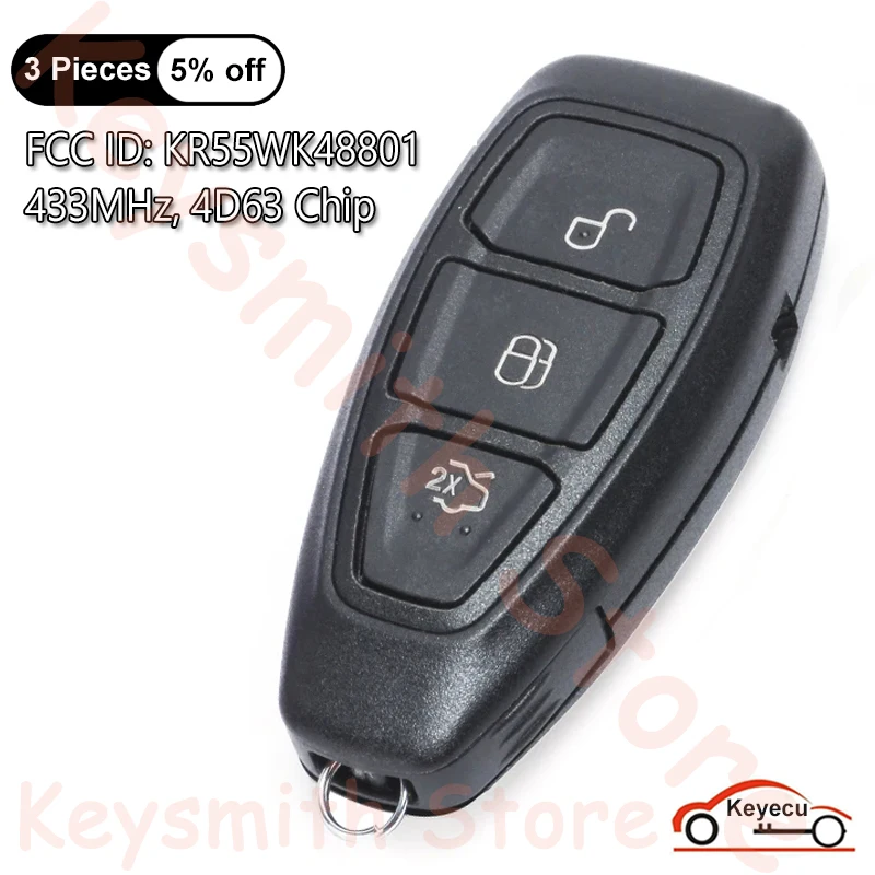 

KEYECU 3 Buttons 433MHz 4D63 Chip for Ford Fiesta Focus C-Max 2011 2012 2013-2019 Auto Smart Remote Control Key Fob KR55WK48801