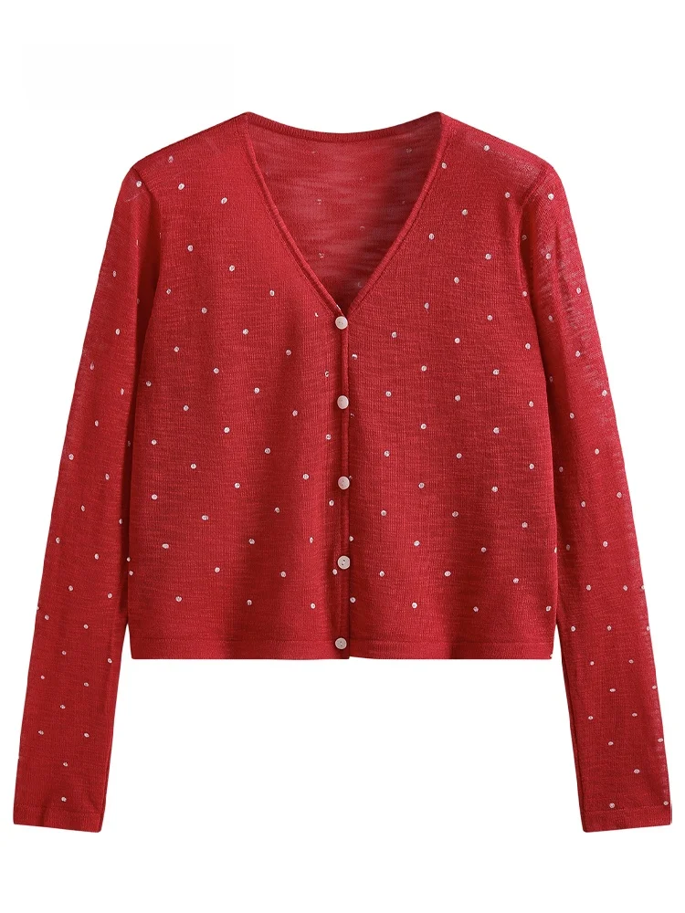 

JZZDEMM Summer Thin Long Sve V-Ne Knitted Open Cardigan Women's Faion Design Sense Small Dot Embroidery Commute Sle