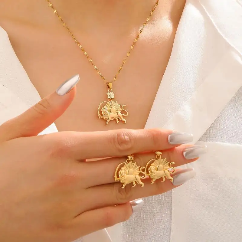 1 Set Vintage Crown Lion Sun Pattern Pendant Earrings Necklace For Men Women Stainless Steel Gold Color Suit Accessory Gift