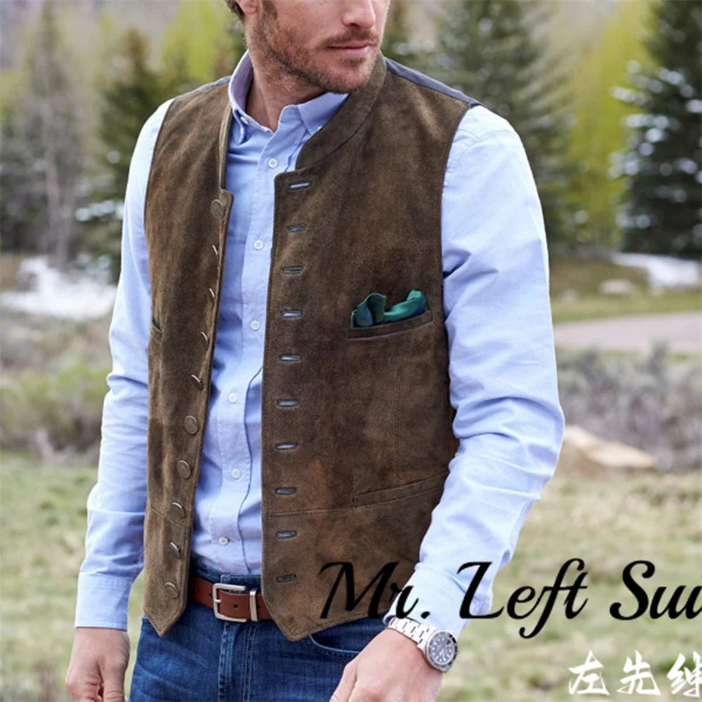 Men's Suede Leather Suit Vest Single Breasted Slim Fit Waistcoat Casual Western Jacket Formal Men Clothing Steampunk Clothing