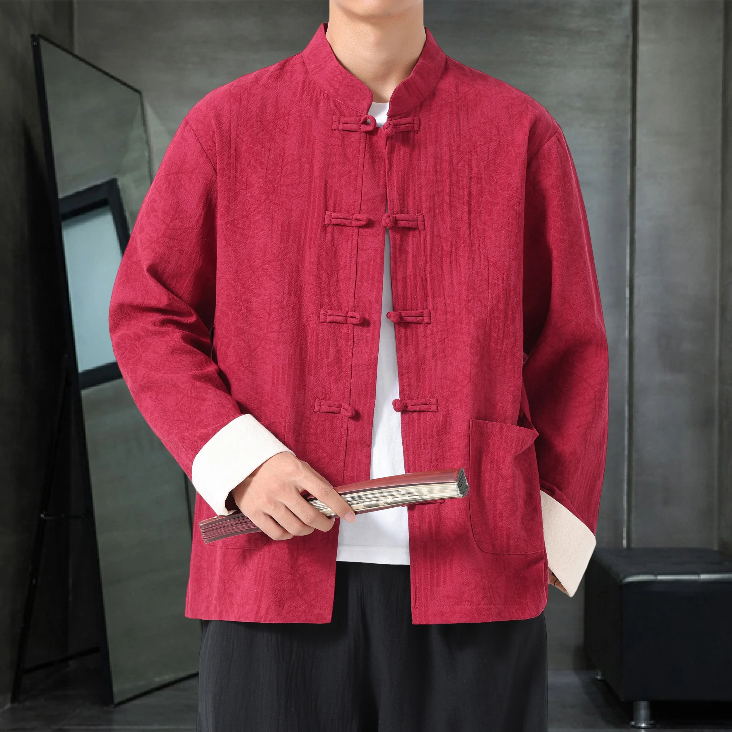 Chinese-style Blue-Green Men's Long-sleeve Jacket, Black Single-button Stand-up Collar Printed Coat,Pink,Red,Apricot,Gray Tops.