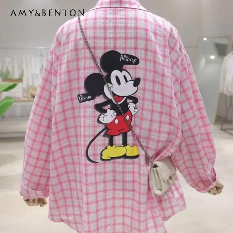 

Thin Breathable Back Age-Reducing Cartoon Blouse 2024 Summer Loose Mid-Length Cotton Plaid Long Sleeves Shirt Women's Clothes